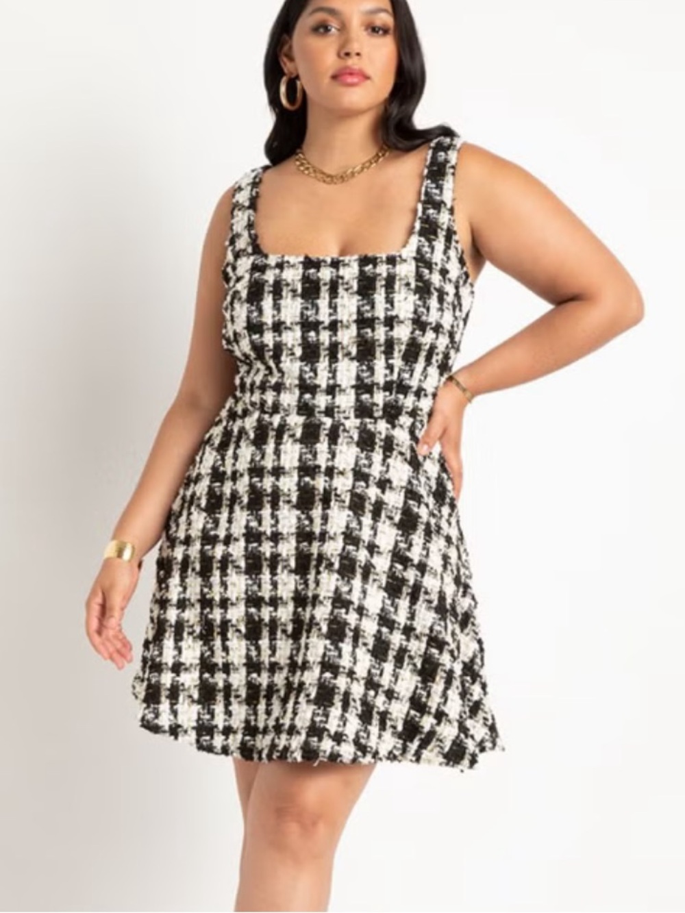 ELOQUII TWEED HOUNDSTOOTH FIT AND FLAIR DRESS BLACK WHITE GOLD SZ 20 NWT